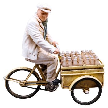 Milchmann mit Lieferfahrrad, Modellbahnfigur handbemalt, Spur 0 (Null), 1:45