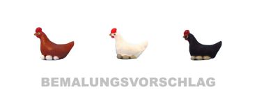 Preview: Huhn 3 Stück brütend auf Eier, braun schwarz weiss unbemalt, Spur 0 (Null), 1:45