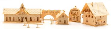 Preview: Häuserset mit Bahnhof, LaserCut Bausatz für 5 Gebäude, Spur T, 1:450 Preview: Häuserset mit Bahnhof, LaserCut Bausatz für 5 Gebäude, Spur T, 1:450