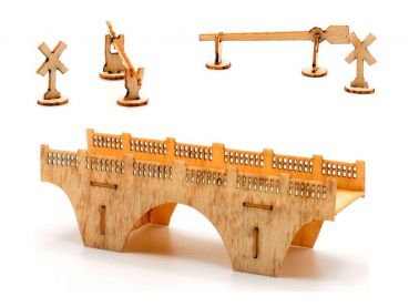 Häuserset mit Bahnhof, LaserCut Bausatz für 5 Gebäude, Spur T, 1:450