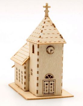 Häuserset mit Kirche, LaserCut Bausatz für 6 Gebäude, Spur T, 1:450