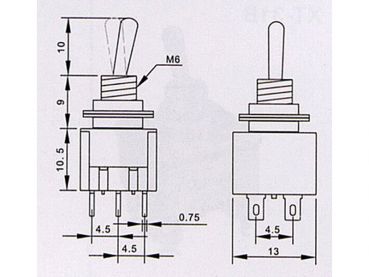 Kippschalter Miniatur 2xUM EIN-AUS-EIN 6A/125VAC