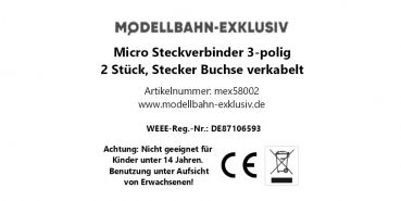 Preview: Micro Steckverbinder 3-polig Modellbahn Modellbau, 2 Stück, Stecker Buchse verkabelt