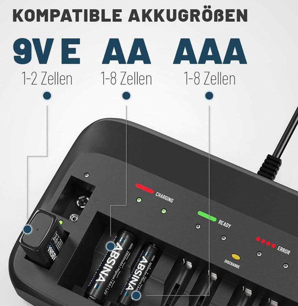 Akku-Ladegerät AA, AAA, 9V-Block mit mikrocontrollerüberwachter intelligenter Ladesteuerung