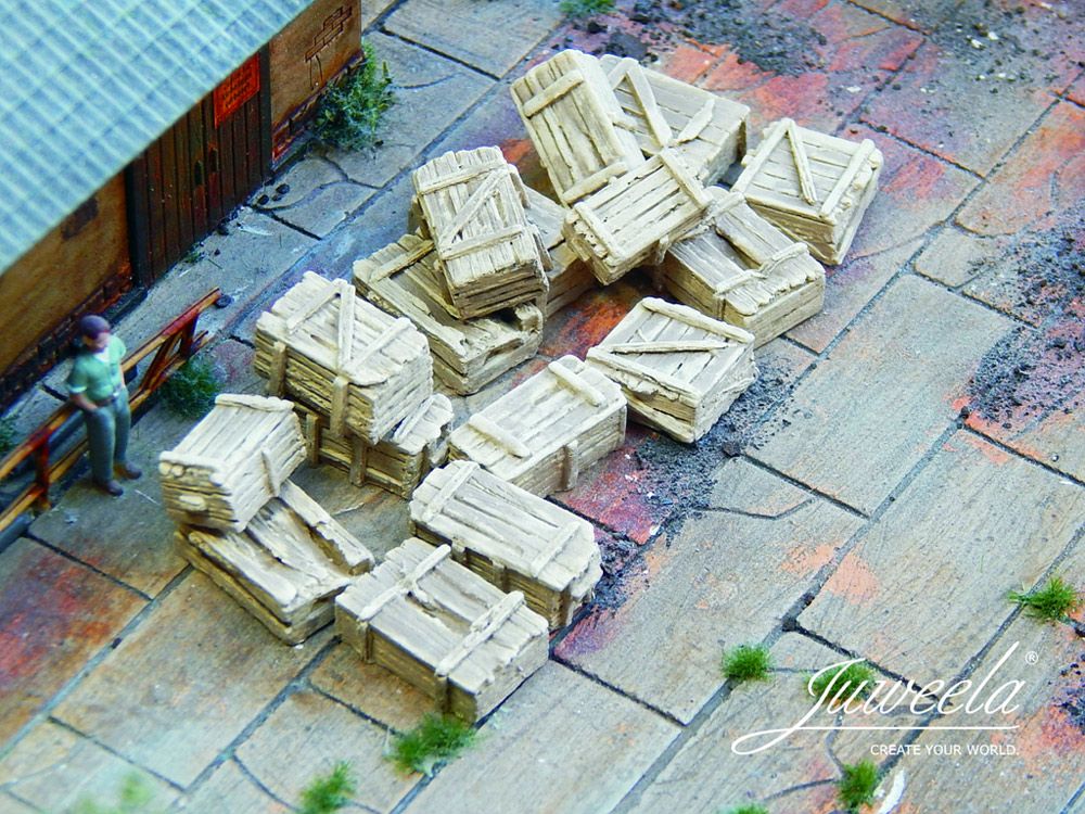 Alte Holzkisten hell, 16 Stück, Spur H0, 1:87