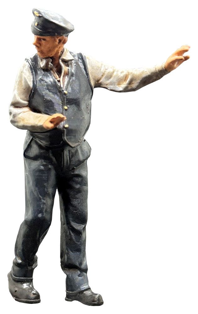 Lokführer rückwärtsfahrend DR, Modellbahnfigur handbemalt, Spur 0 (Null), 1:45