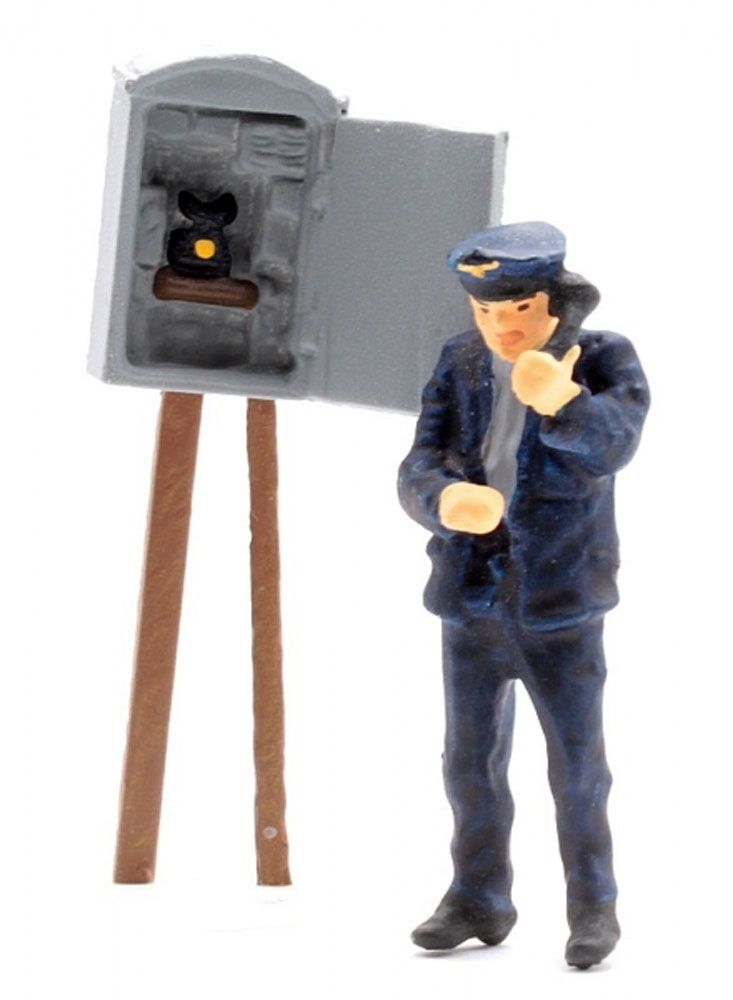 Eisenbahner am Streckentelefon, Modellbahnfigur handbemalt, Spur 0 (Null), 1:45