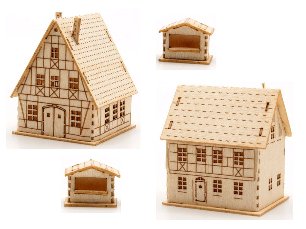Häuserset mit Kirche, LaserCut Bausatz für 6 Gebäude, Spur T, 1:450