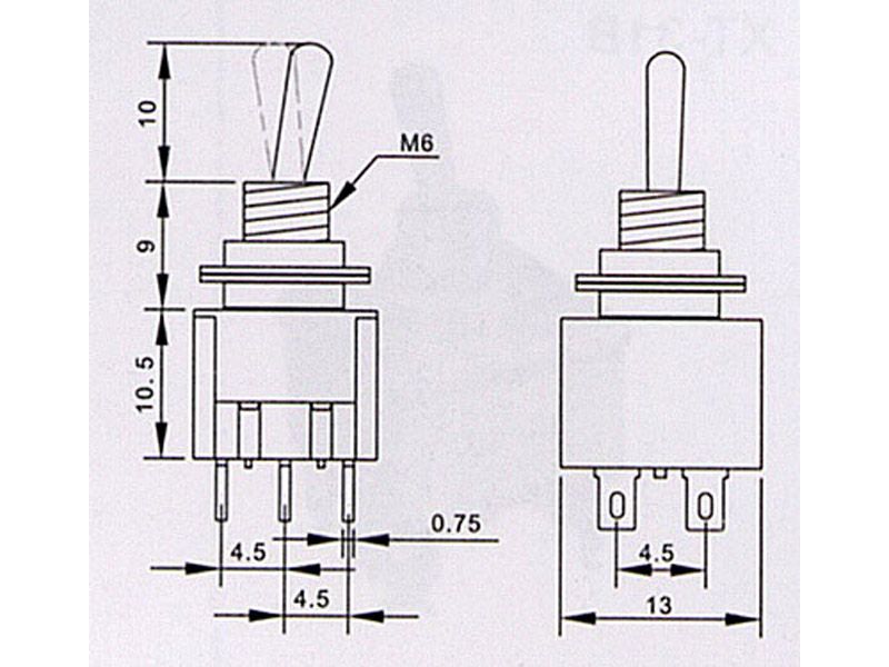 Kippschalter Miniatur 2xUM EIN-AUS-EIN 6A/125VAC