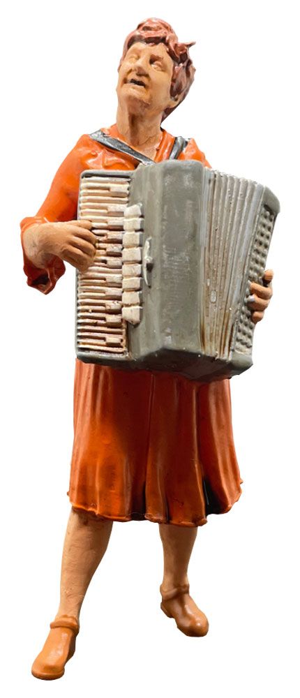 Musikerin Annelie mit Akkordeon, Modellbahnfigur handbemalt, Spur 0 (Null), 1:45