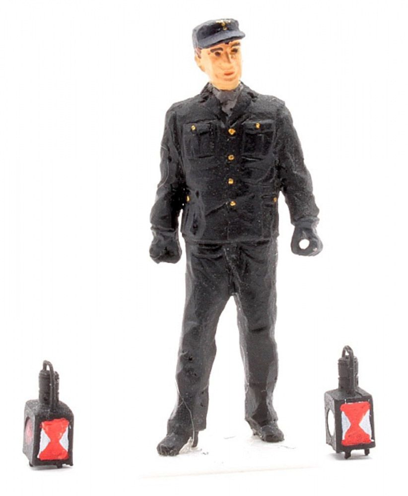 Reichsbahner mit Laternen, Modellbahnfigur handbemalt, Spur 0 (Null), 1:45